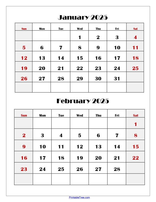 January and February 2025 Calendar | Two Months Calendar