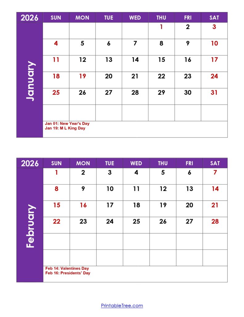 January and February 2026 Calendar with Holidays