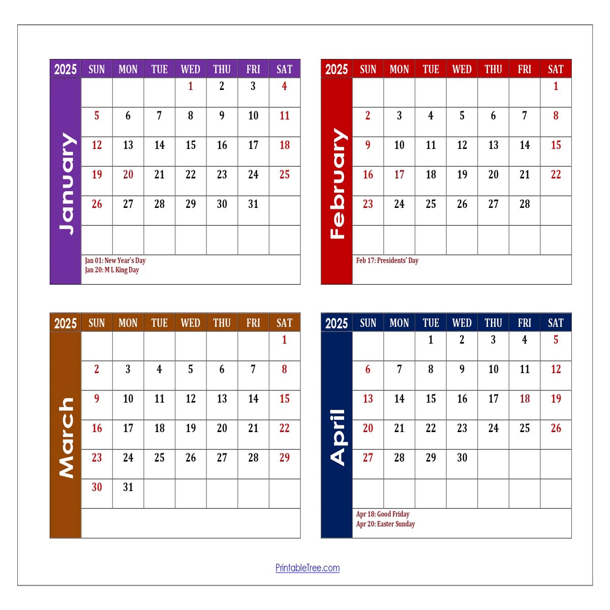 January to April 2025 Calendar with Holidays