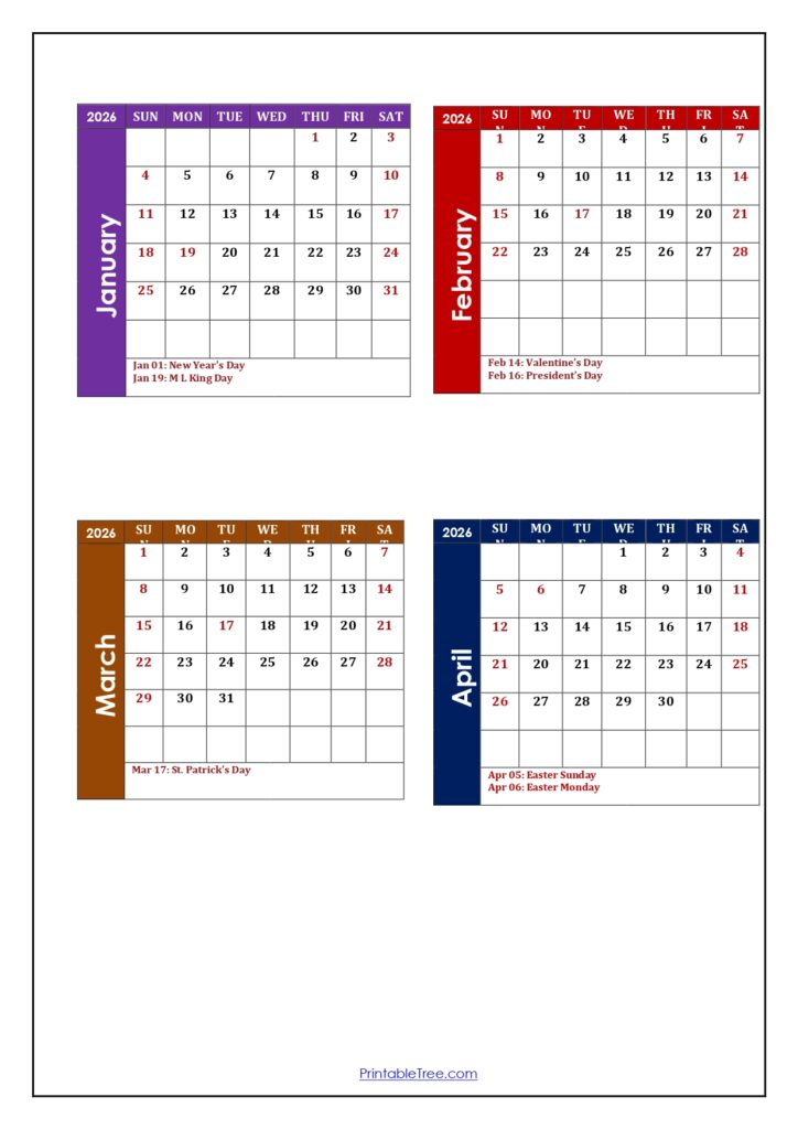 January to April 2026 Calendar Four Months
