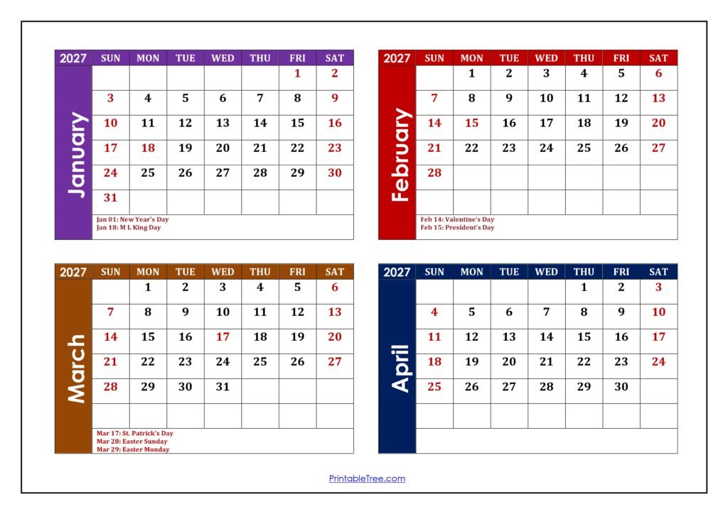 January to April 2027 Calendar with Holidays