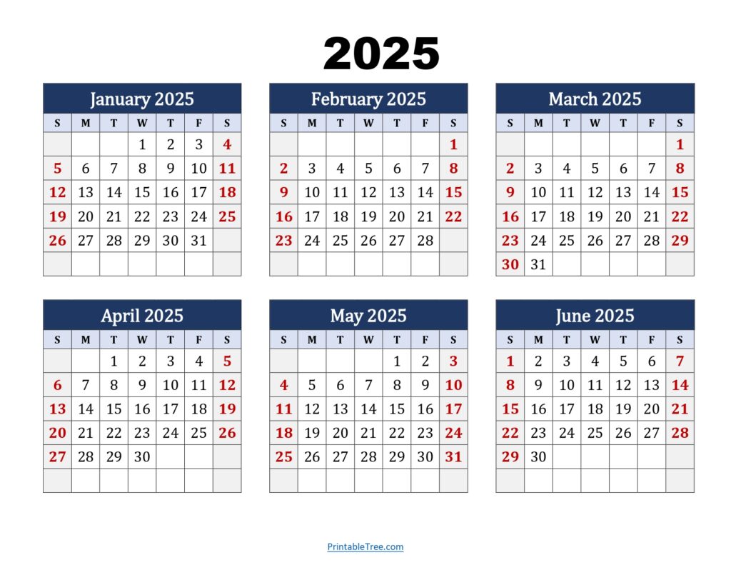 January to June 2025 Calendar