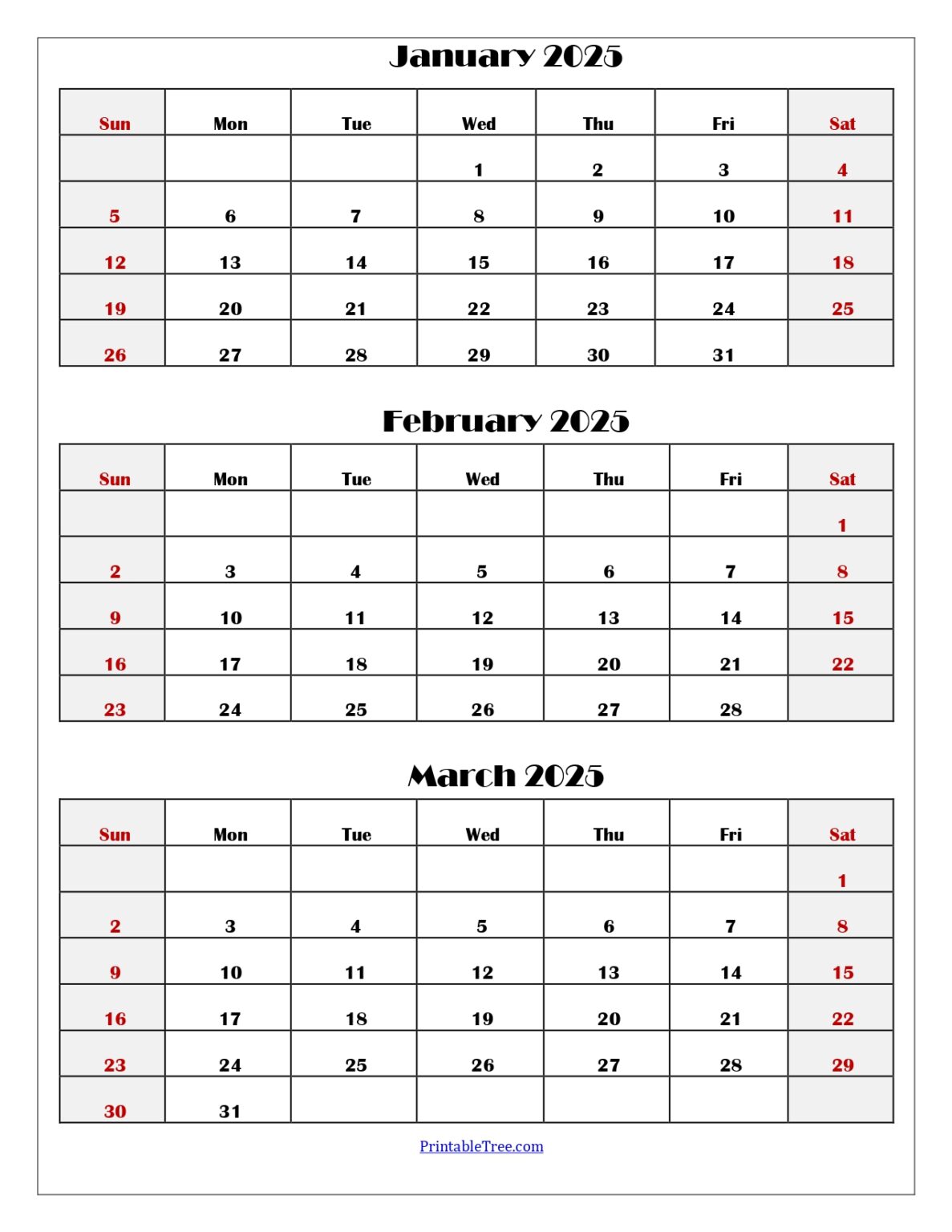 January to March 2025 Calendar Three Months Calendar