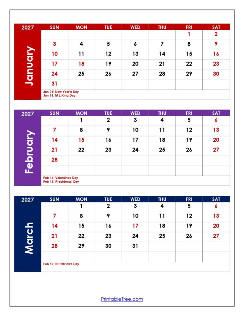 January to March 2027 Calendar with Holidays
