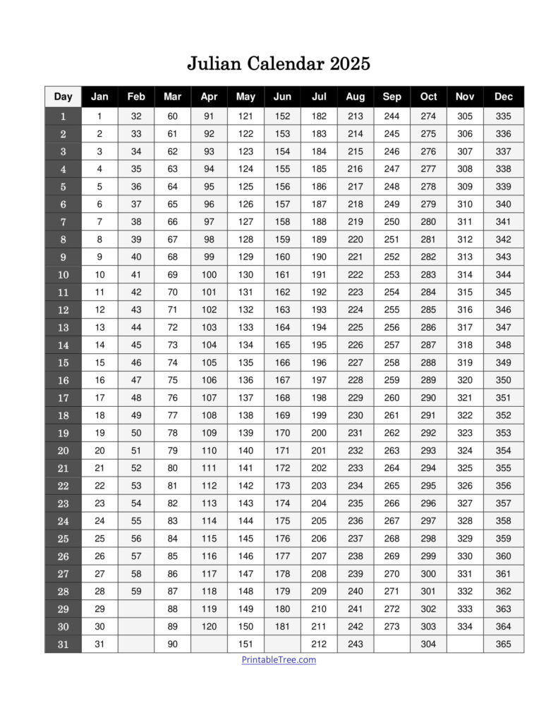 Julian Calendar 2025 Printable with Horizontal Stripes