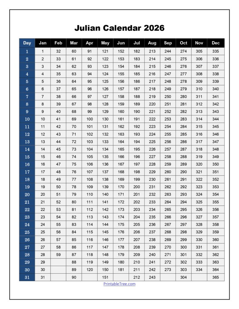 Julian Calendar 2026 Printable