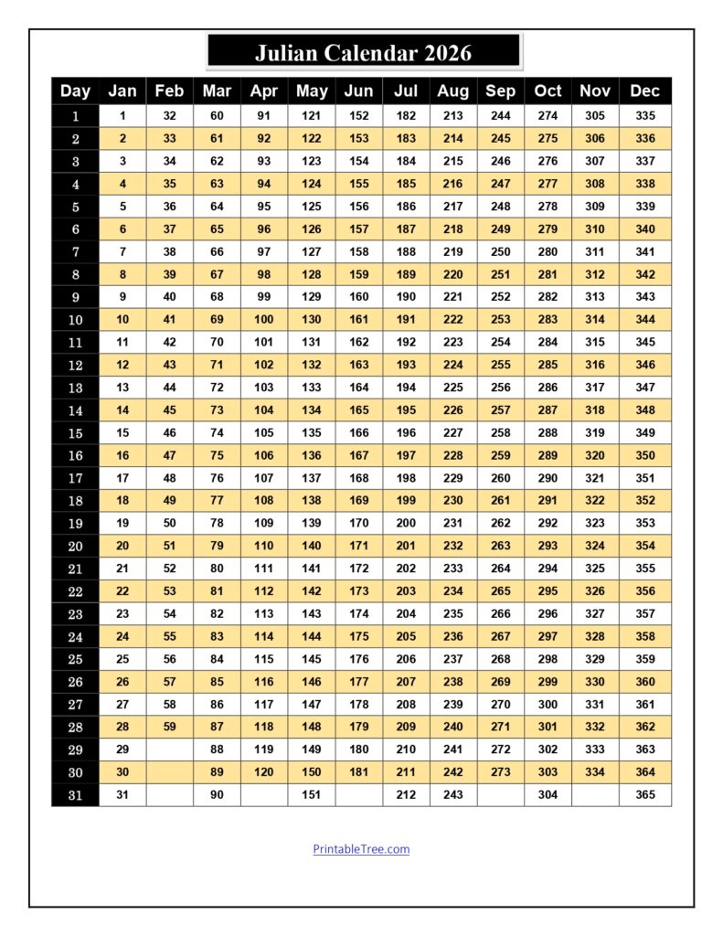 Julian Calendar 2026 Printable Black Color