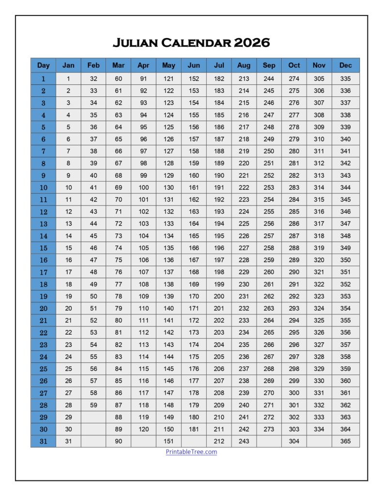 Julian Calendar 2026 Printable Blue Color