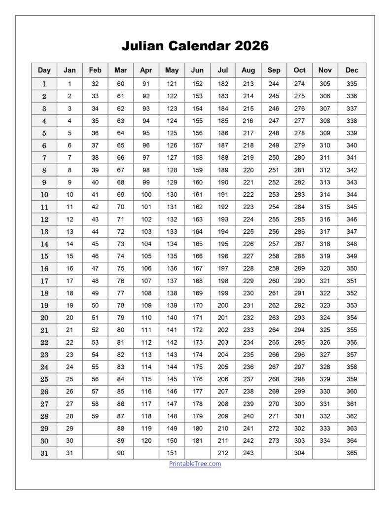 Julian Calendar 2026 Printable Simple