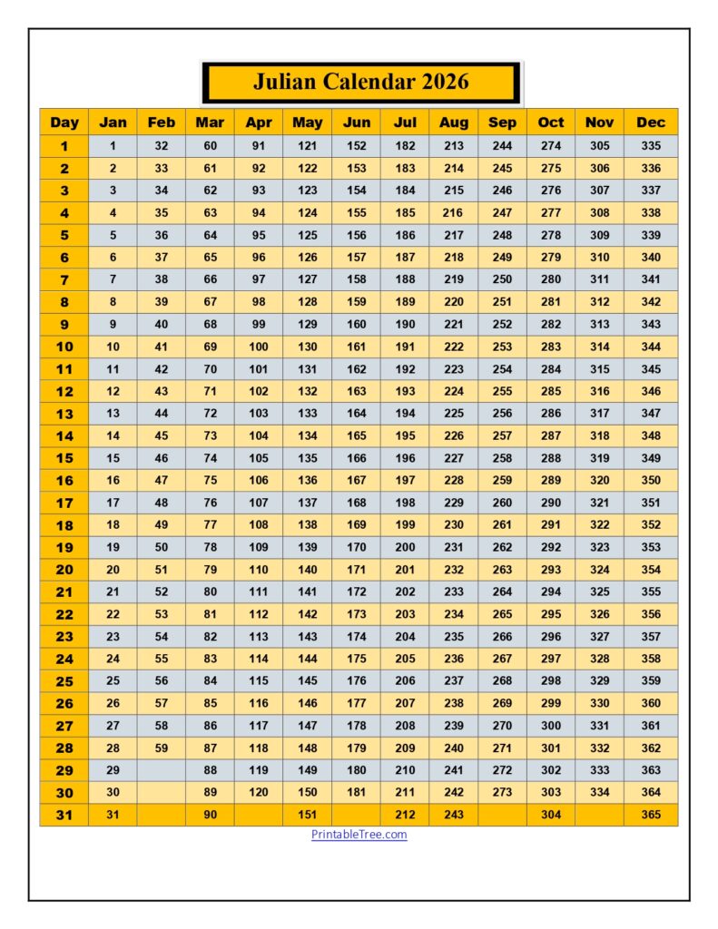 Julian Calendar 2026 Printable Yellow Color