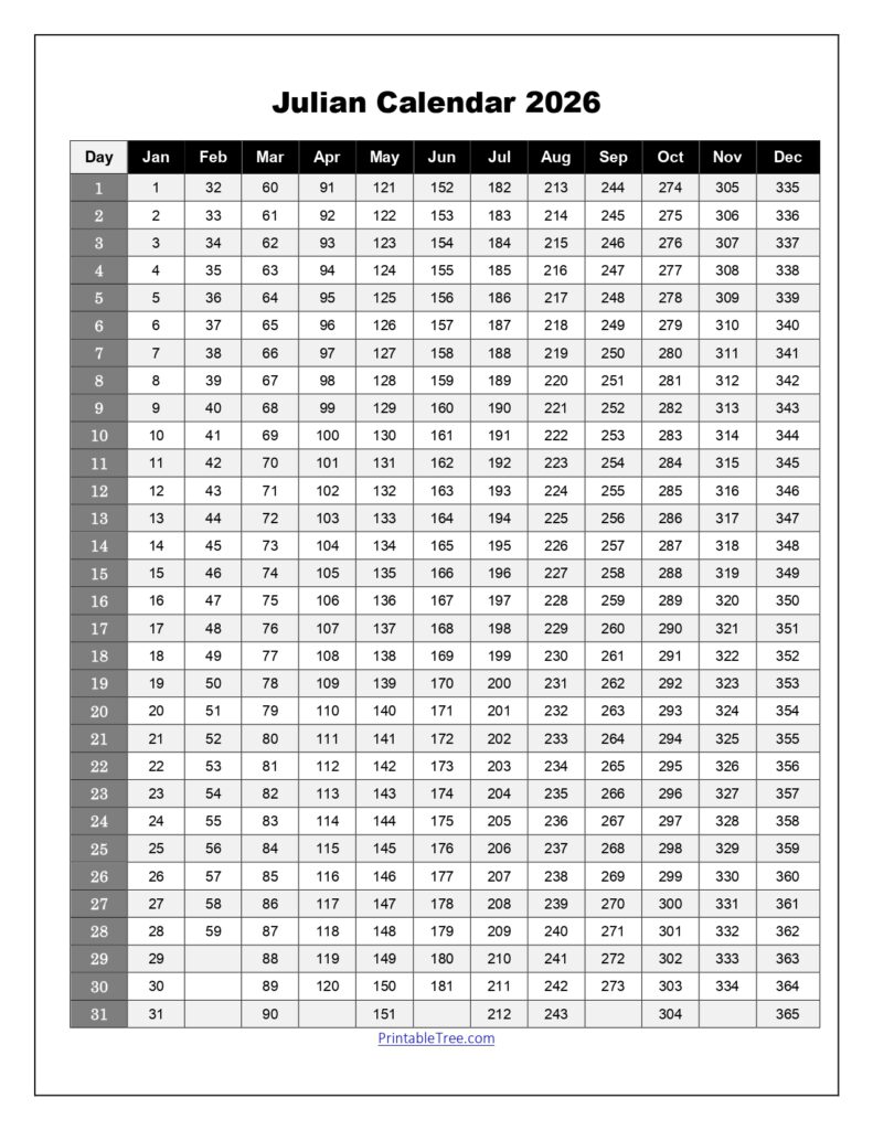 Julian Calendar 2026 Printable with Vertical Stripes