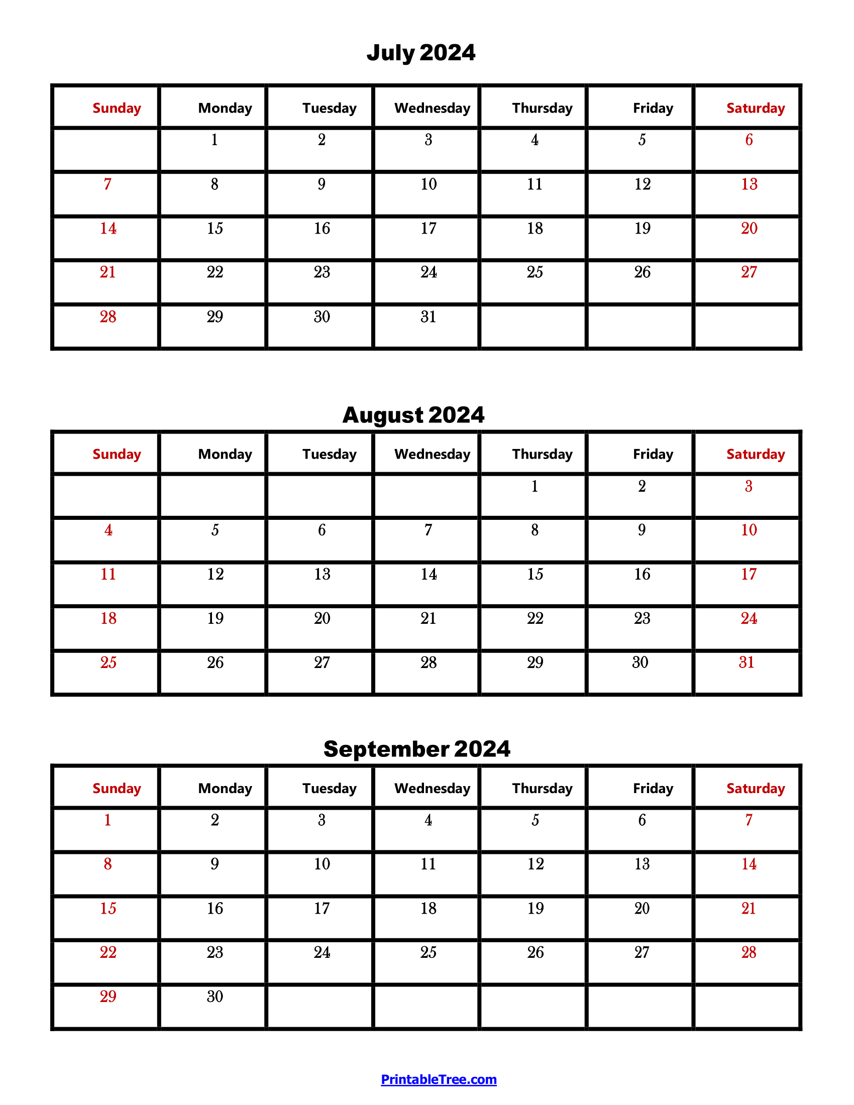 Three Months Calendar Printable PDF 2024