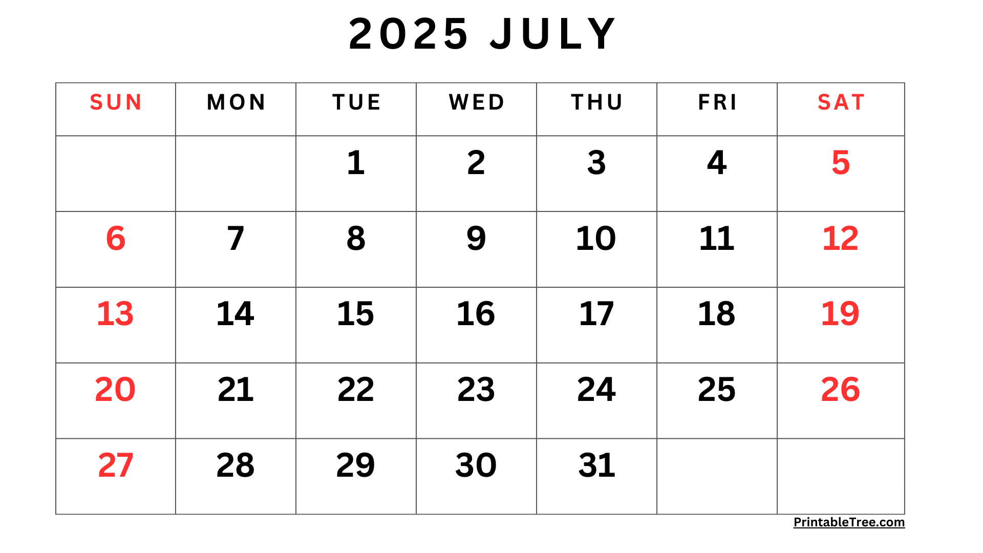 Printable Calendar July 2025 Free Gates Joanne