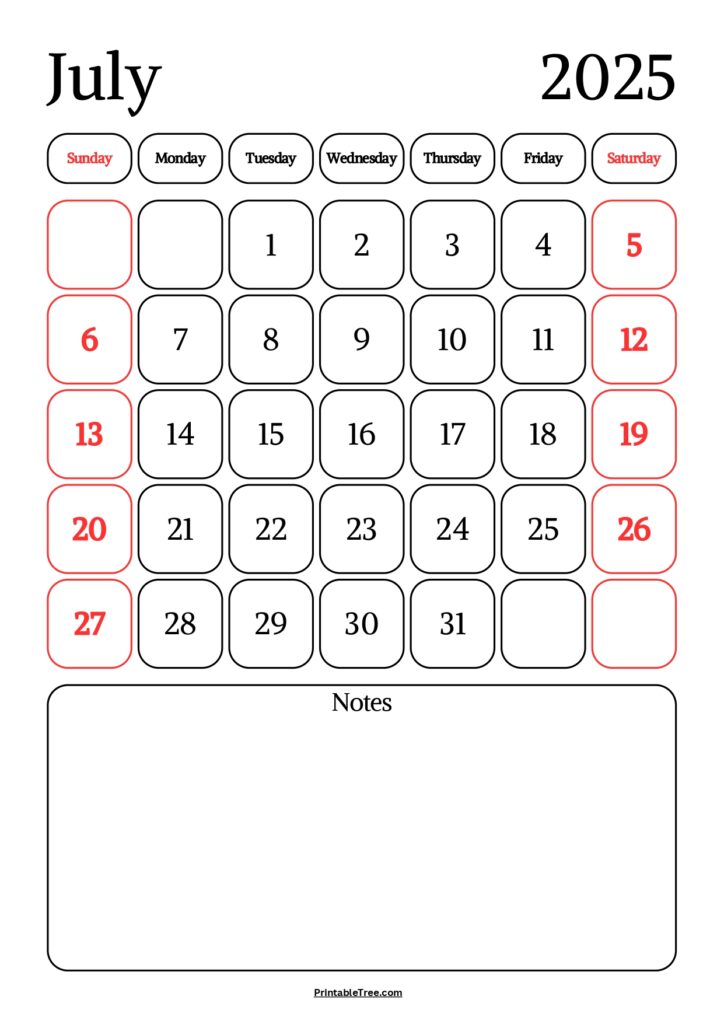 July 2025 Calendar with notes