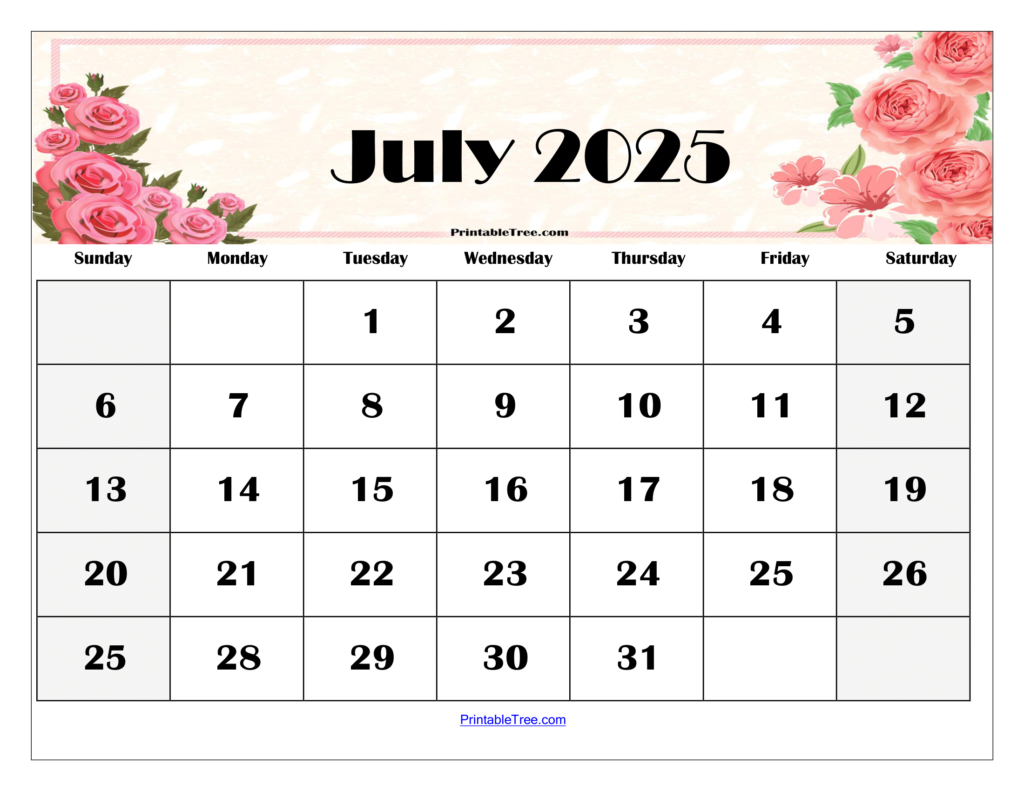 July 2025 Floral Calendar Printable