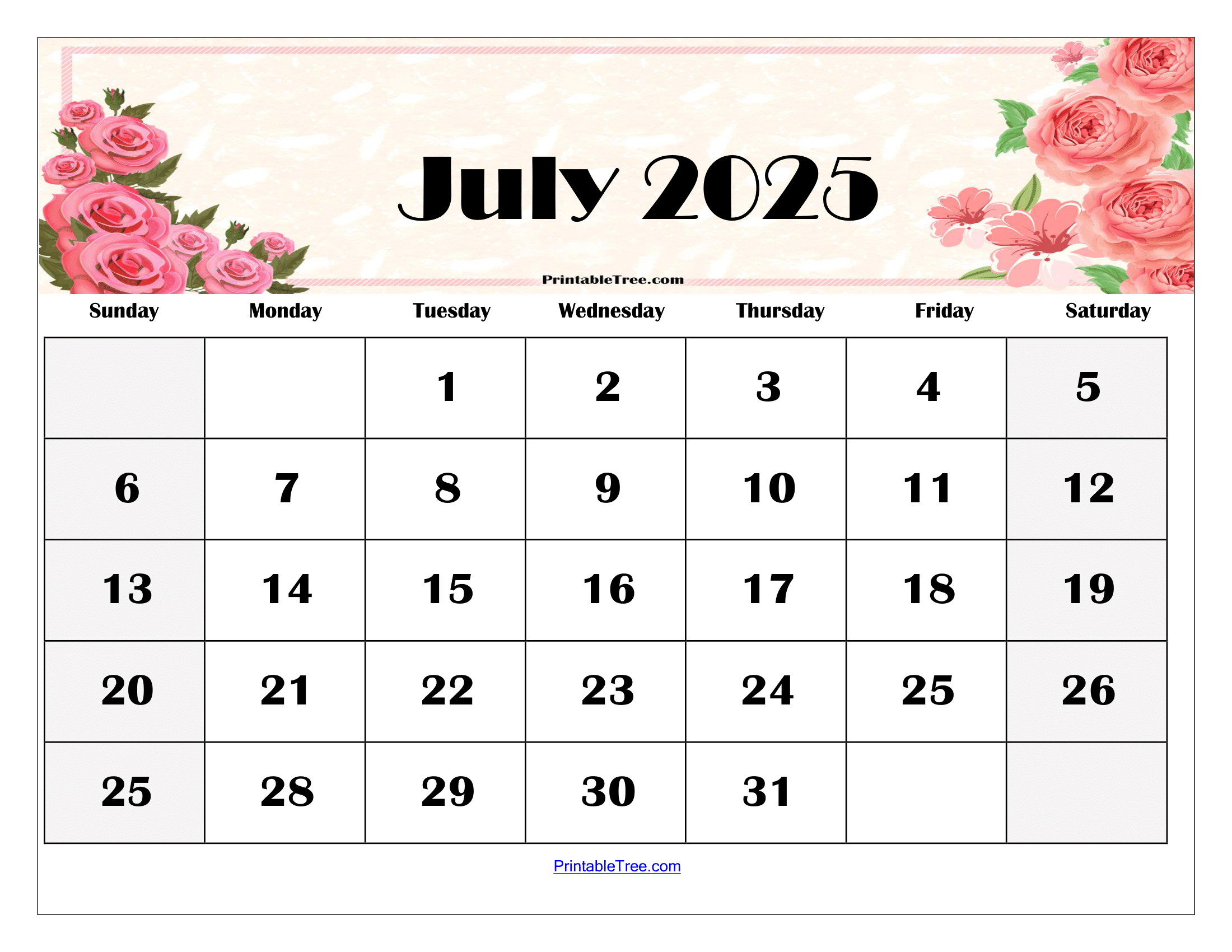 July Calendar 2025 Printable Free