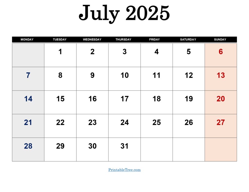 July 2025 Monday Start Calendar