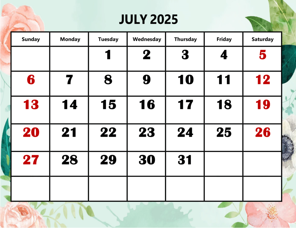 July 2025 Rose and Leaf Background Calendar