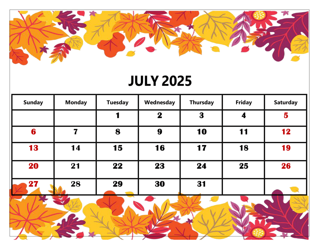 July 2025 Yellow Leaf Calendar Printable