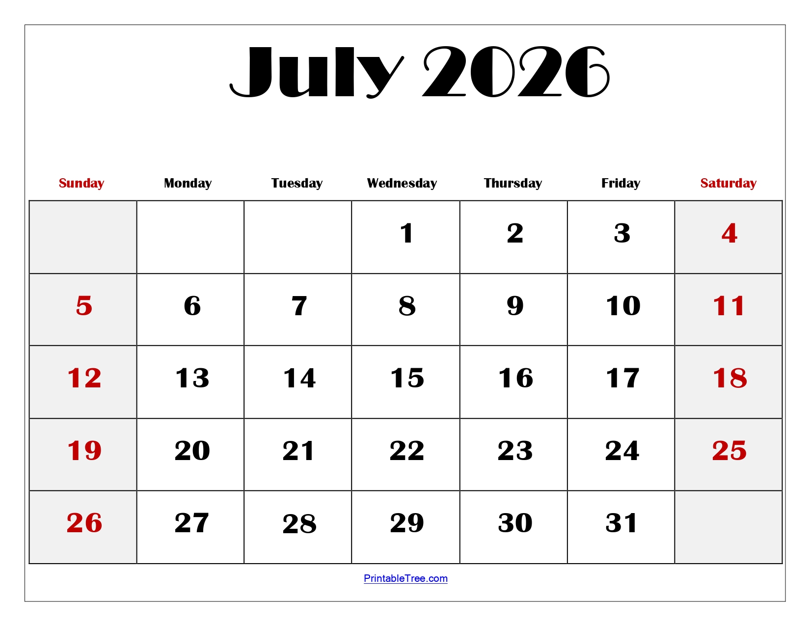 July 2026 June 2026 Calendar Printable