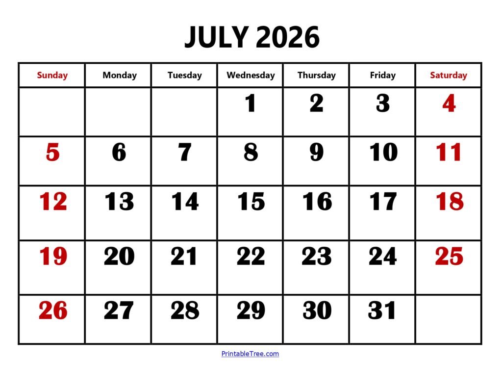 July 2026 Calendar Large Number