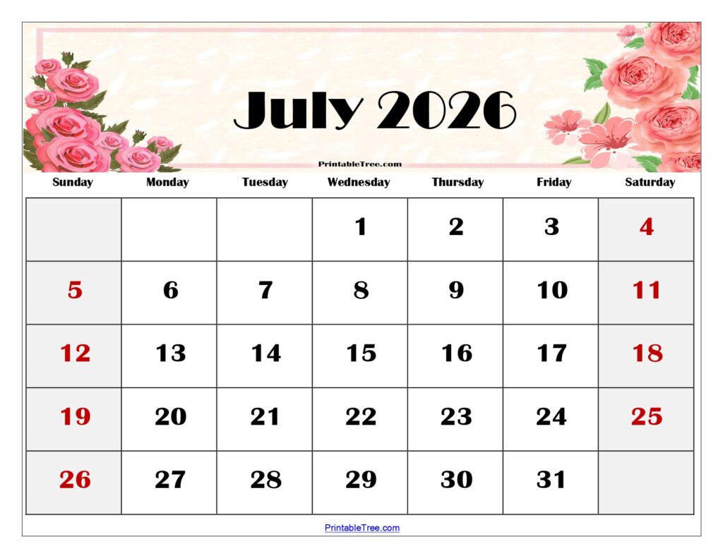 July 2026 Floral Calendar Printable