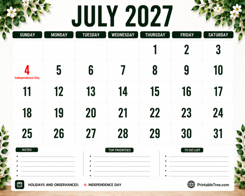 July 2027 Calendar Floral Style
