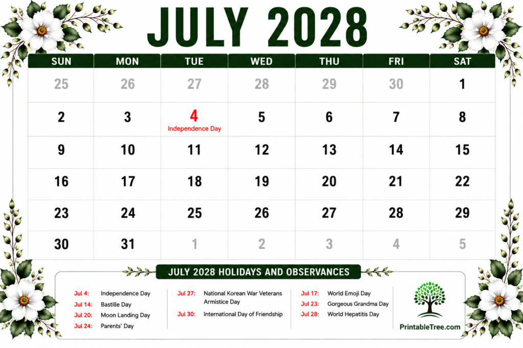 July 2028 Calendar with Holidays