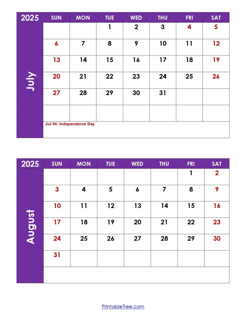 July and August 2025 Calendar with Holidays