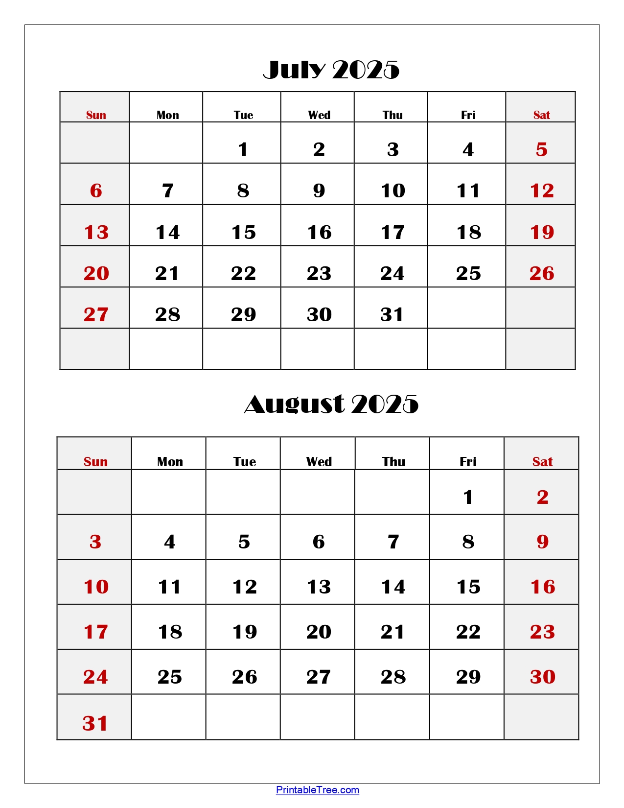 July and August 2025 Calendar Printable PDF | Two Months Calendar