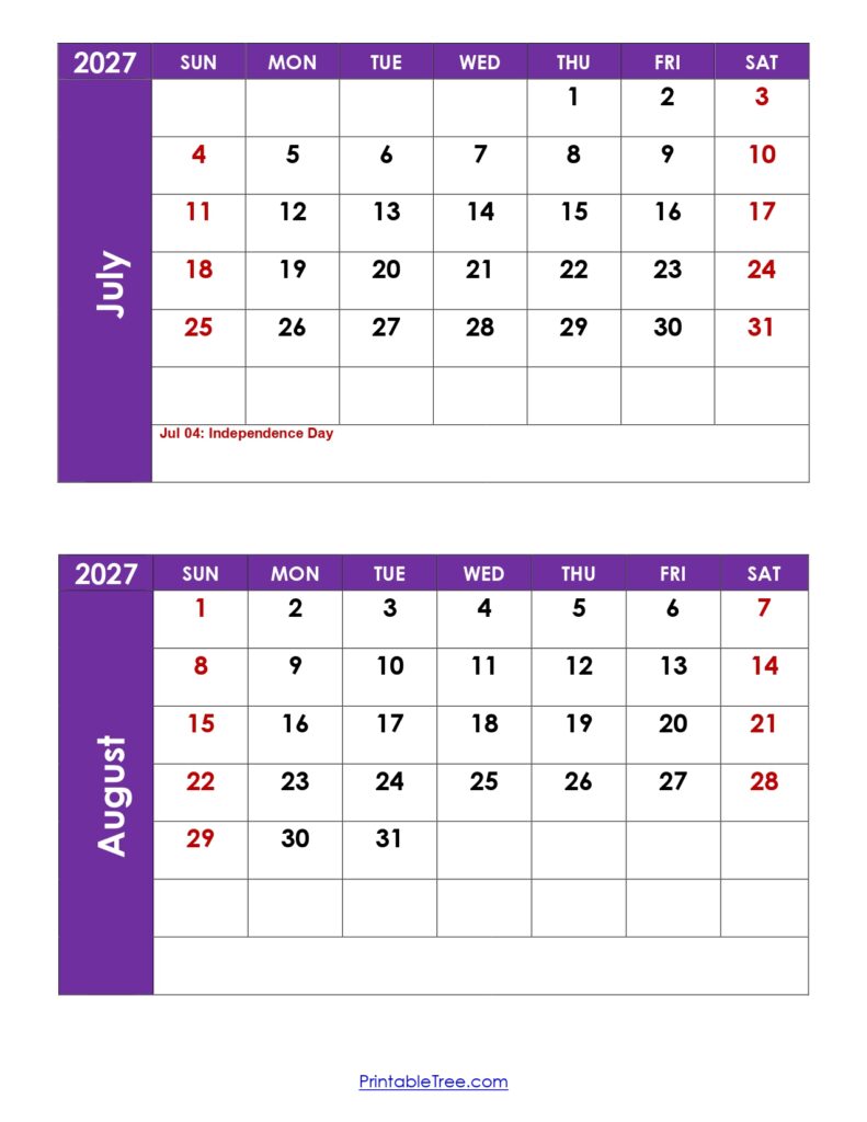 July and August 2027 Calendar with Holidays