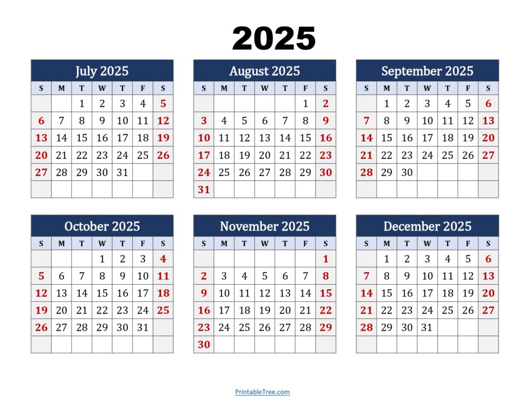 July to December 2025 Calendar