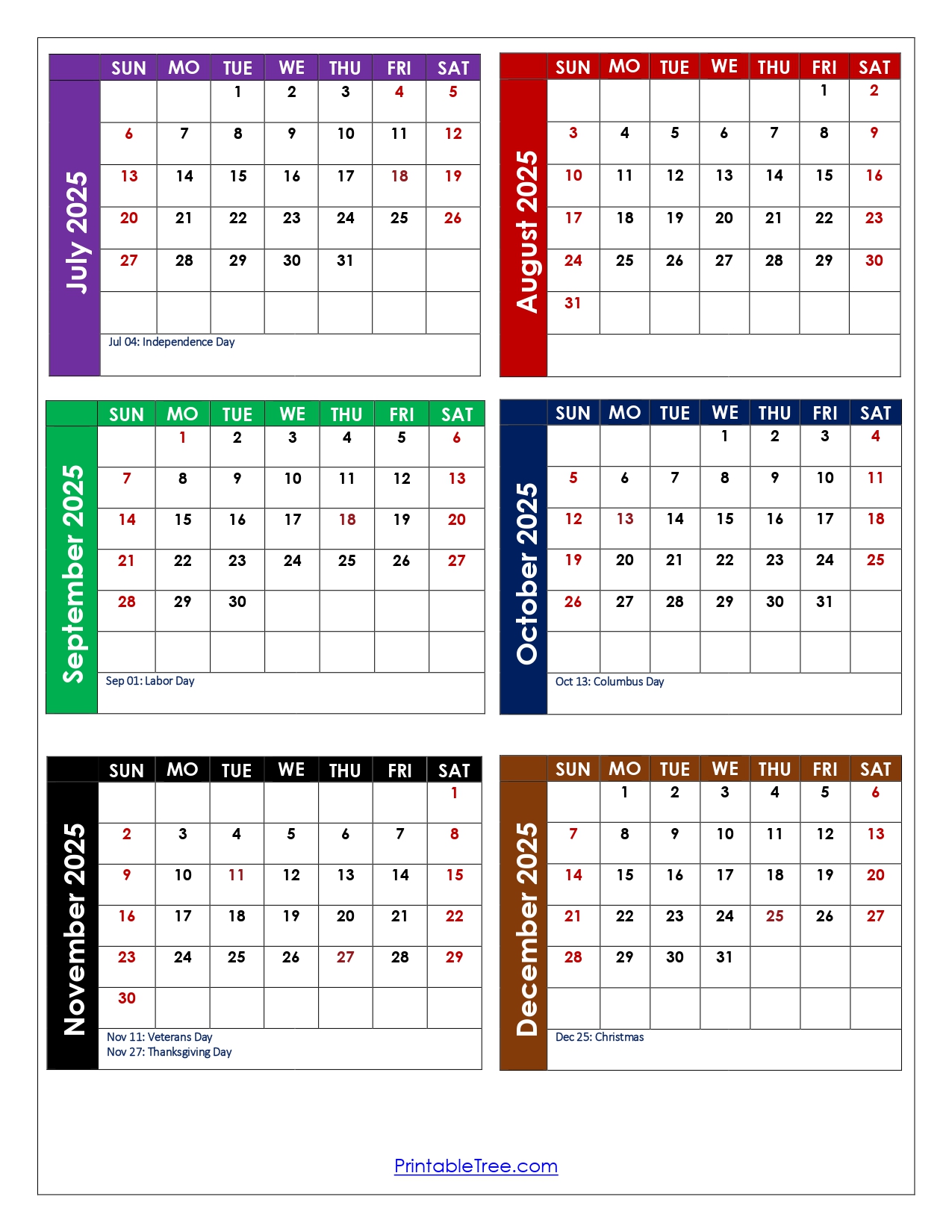 July to December 2025 Calendar Printable PDF | Six Months Calendar
