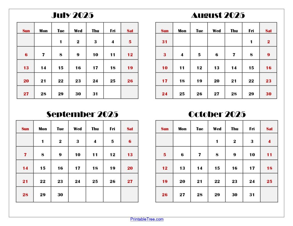 July to October 2025 Calendar Printable PDF | Four Months Calendar
