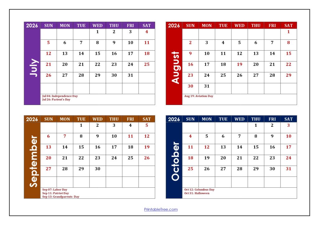July to October 2026 Calendar with Holidays
