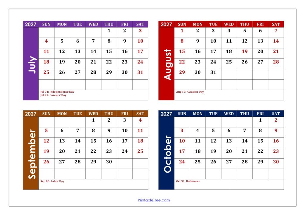 July to October 2027 Calendar with Holidays
