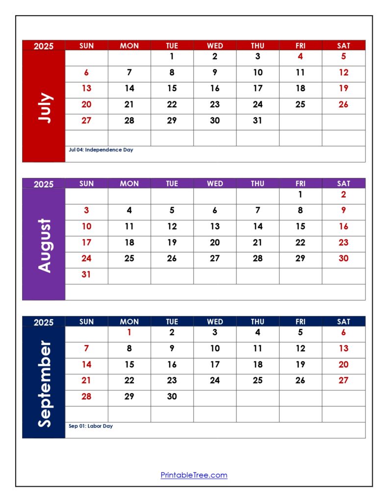 July to September 2025 Calendar with Holidays