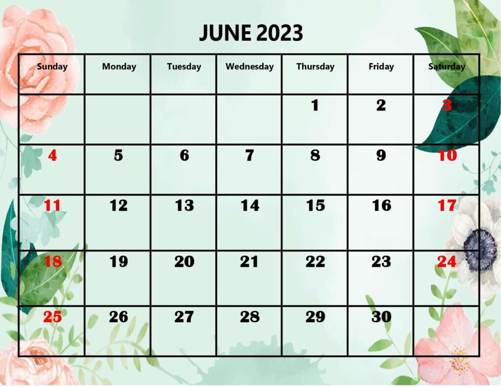 June 2023 Rose and Leaf Background Calendar