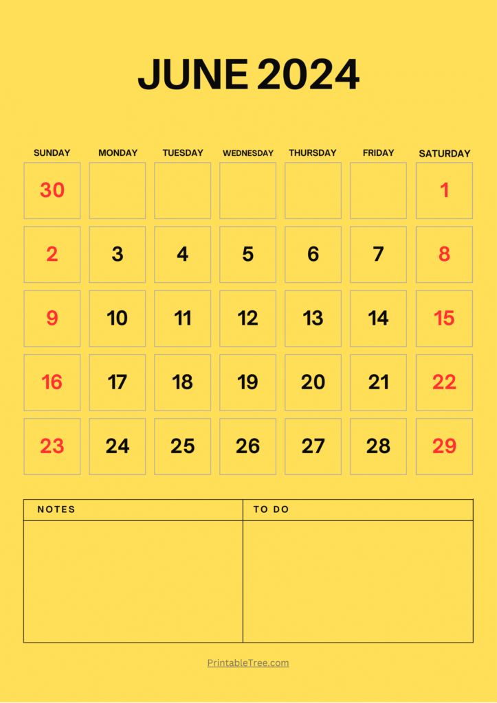 June 2024 Calendar Yellow Portrait with To Do List
