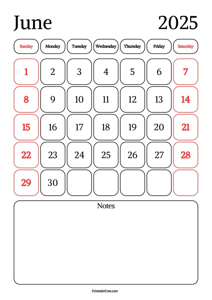 June 2025 Calendar with notes