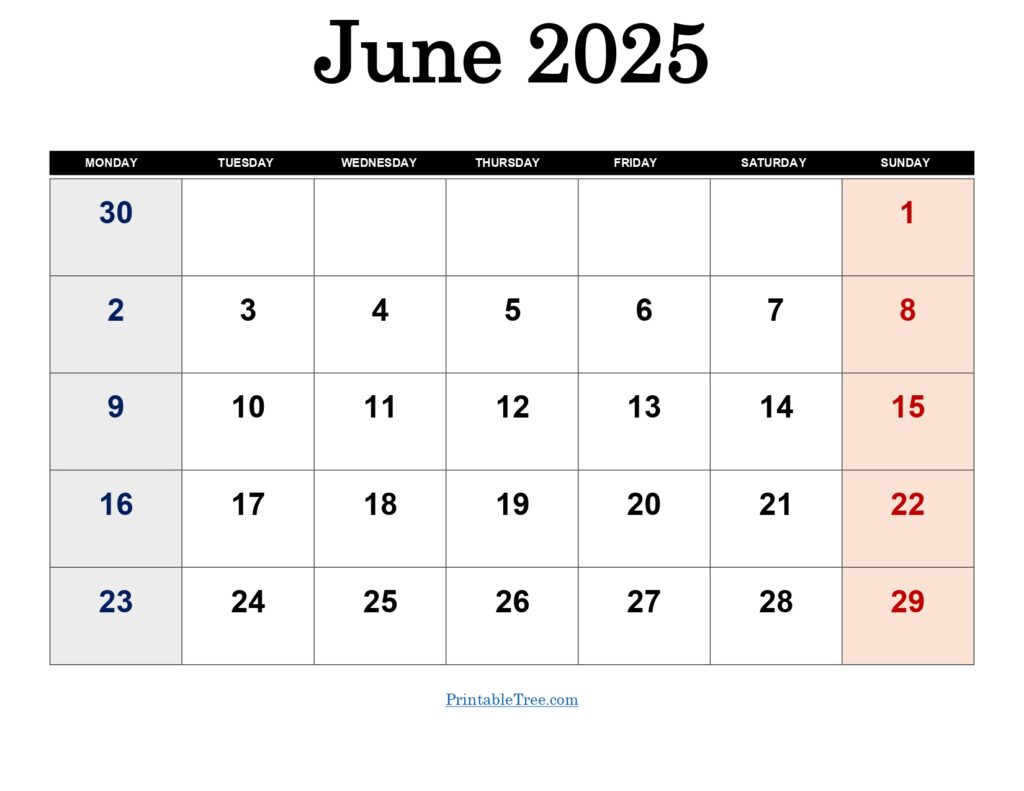 June 2025 Monday Start Calendar