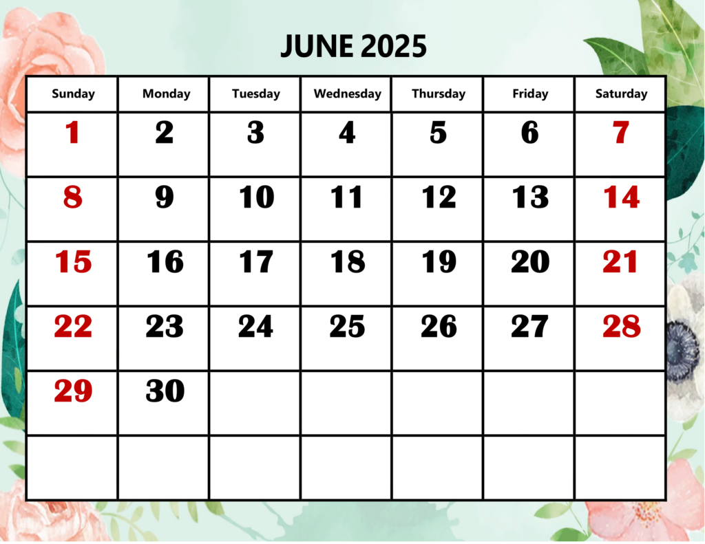 June 2025 Rose and Leaf Background Calendar