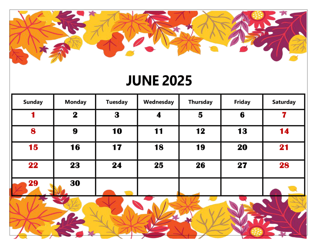 June 2025 Yellow Leaf Calendar Printable