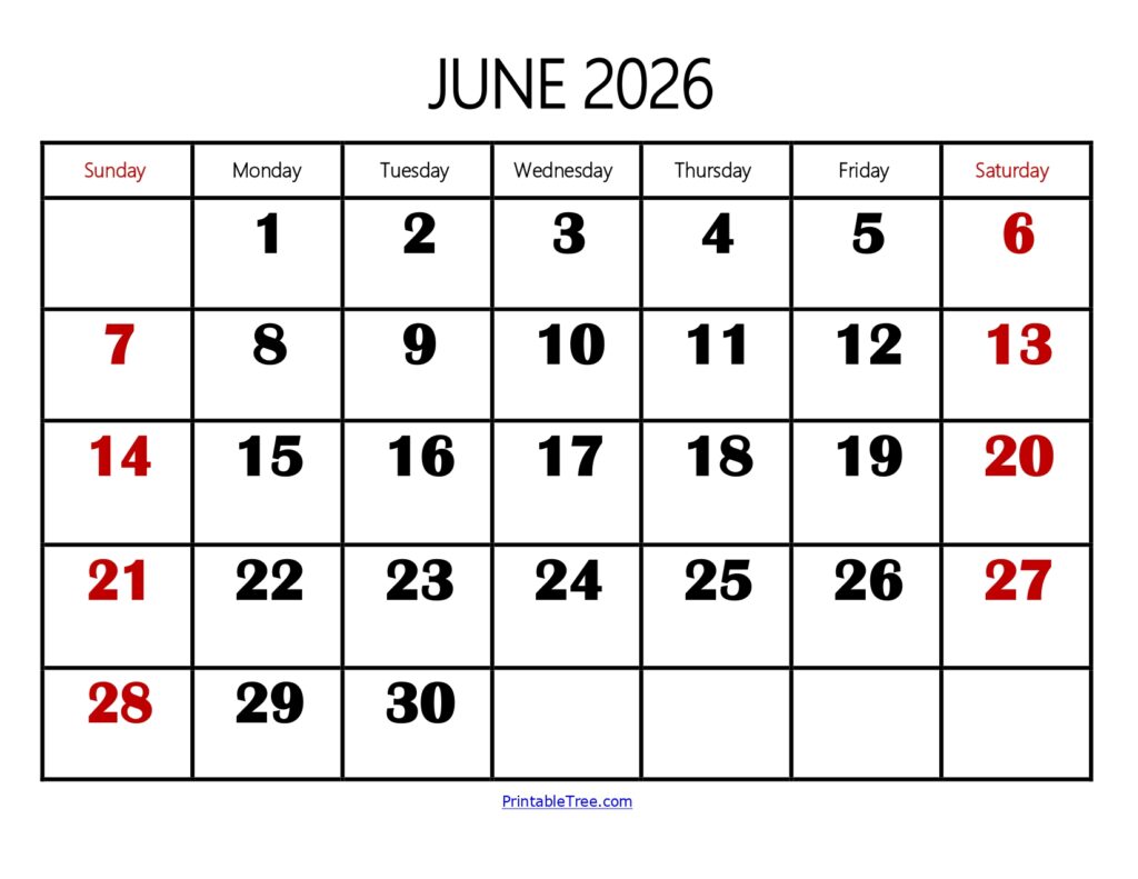 June 2026 Calendar Large Number