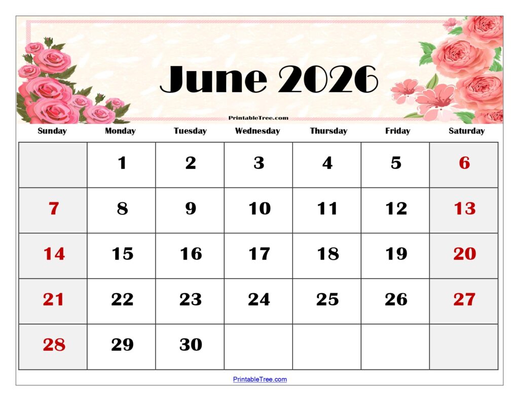 June 2026 Floral Calendar Printable