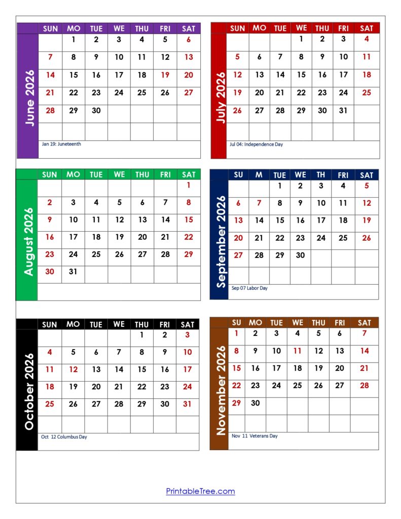 June 2026 to November 2026 Calendar with Holidays