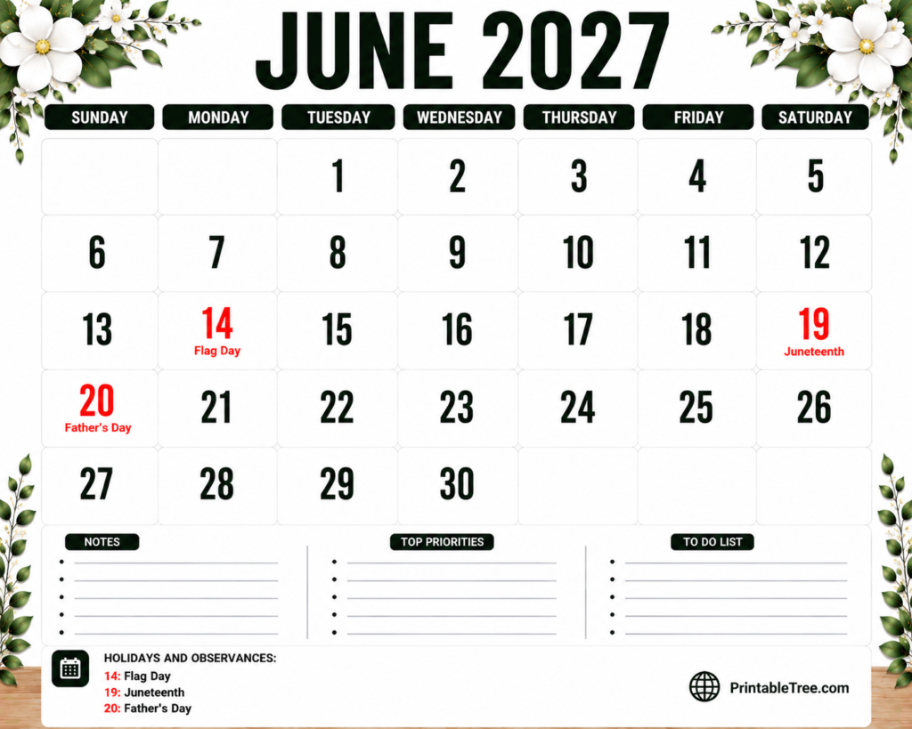 June 2027 Calendar Floral Style
