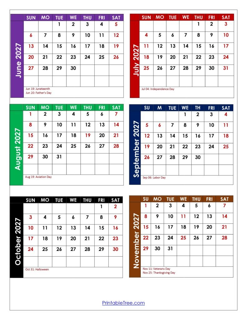June 2027 to November 2027 Calendar with Holidays