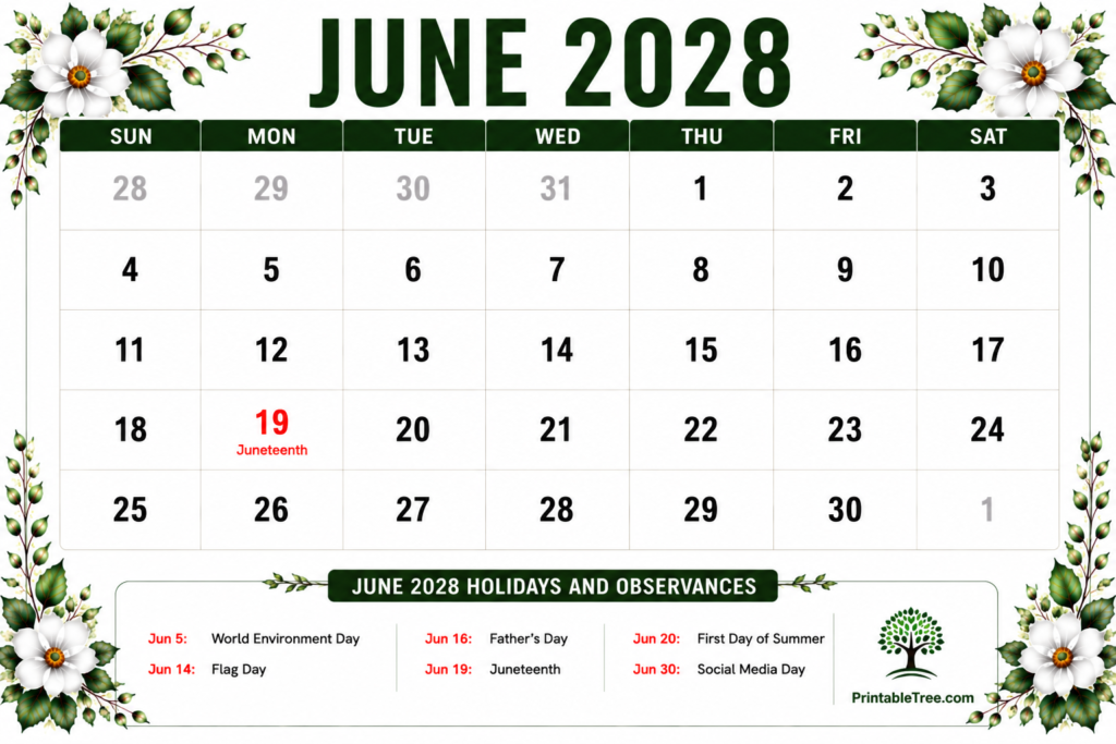 June 2028 Calendar with Holidays