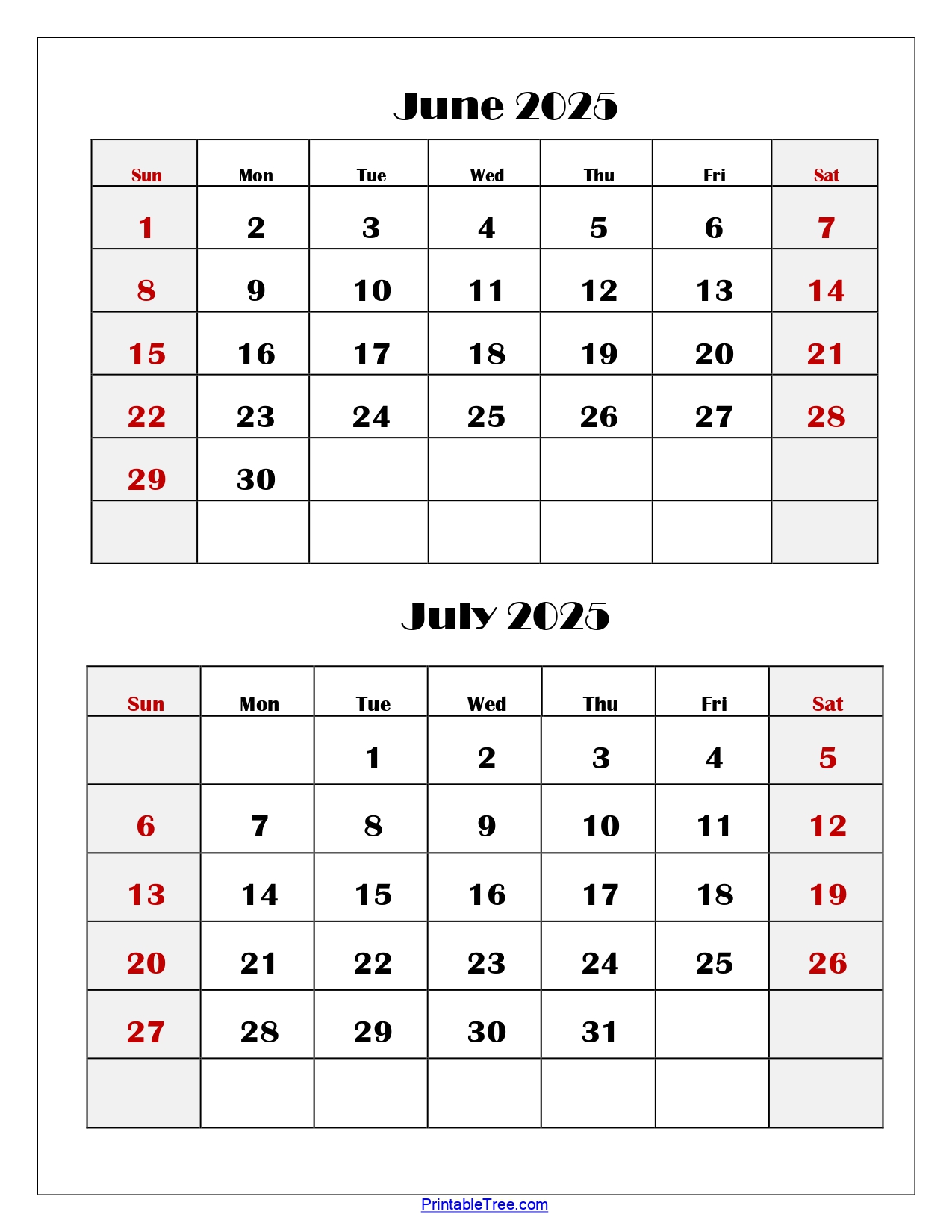 June and July 2025 Calendar Printable PDF | Two Months Calendar